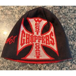 VTG West Coast Choppers Jesse James Beanie Reversible Red Black Iron Cross Y2K